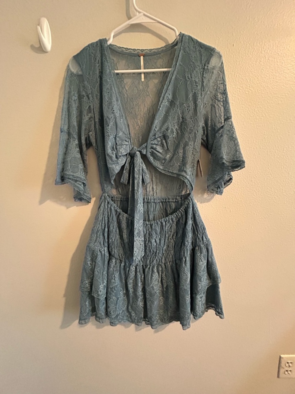 Free People Dusty Blue Lace Tie-Front Mini Dress